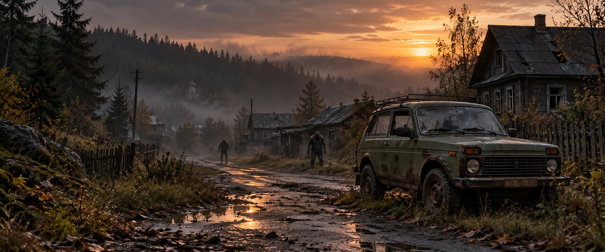 AI-generated Chernarus-inspired scene with an off-road vehicle and infected